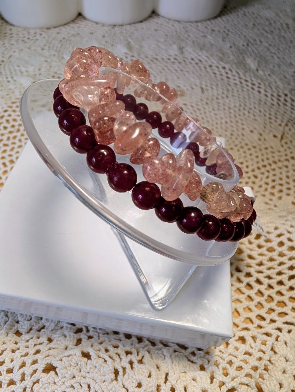 Handmade Stretch Bracelet Set- Malaysia Jade And Strawberry Quartz